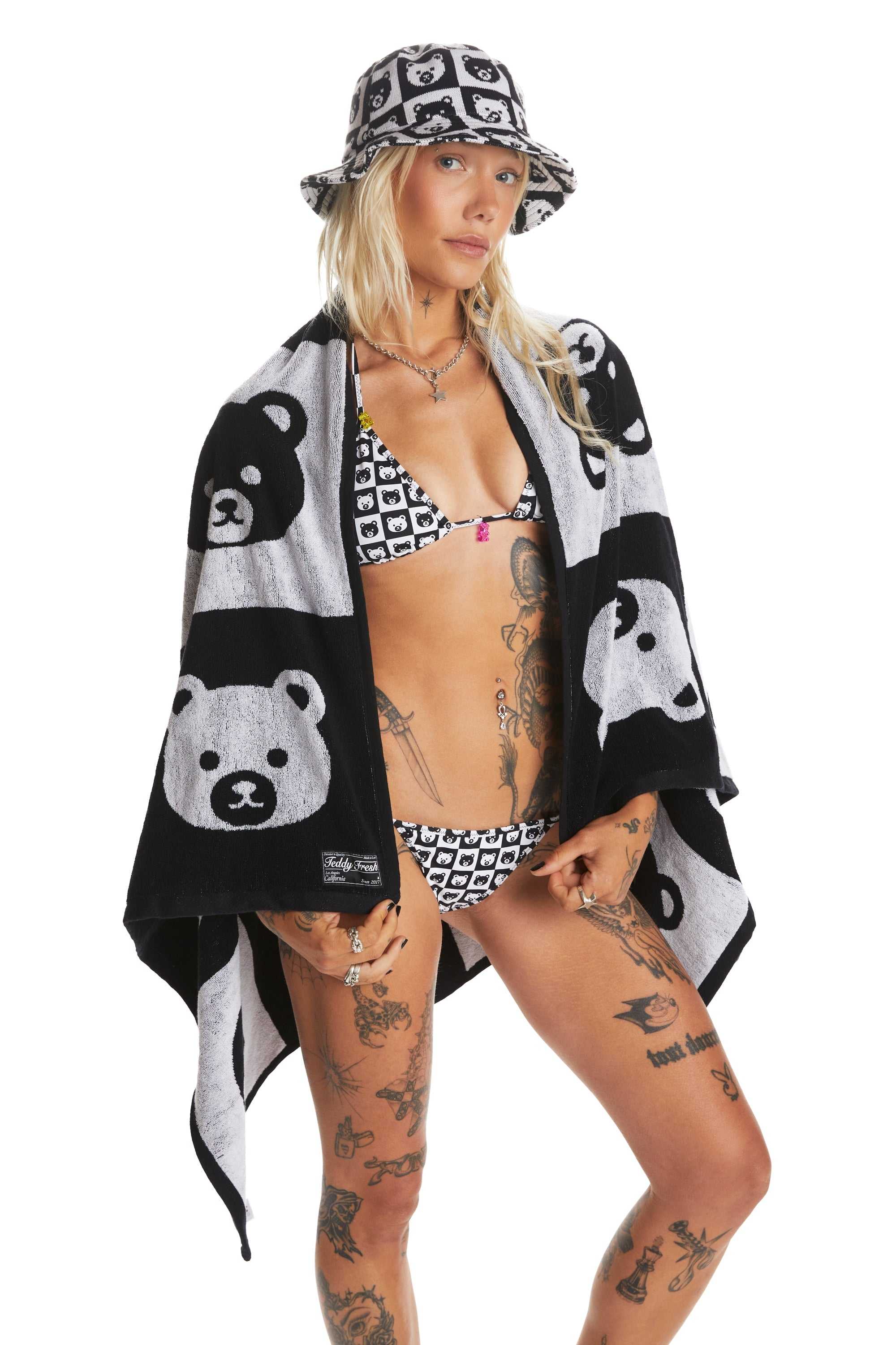 Black Multi Teddy Fresh Bear Check Beach Towel | 8369PCOVG