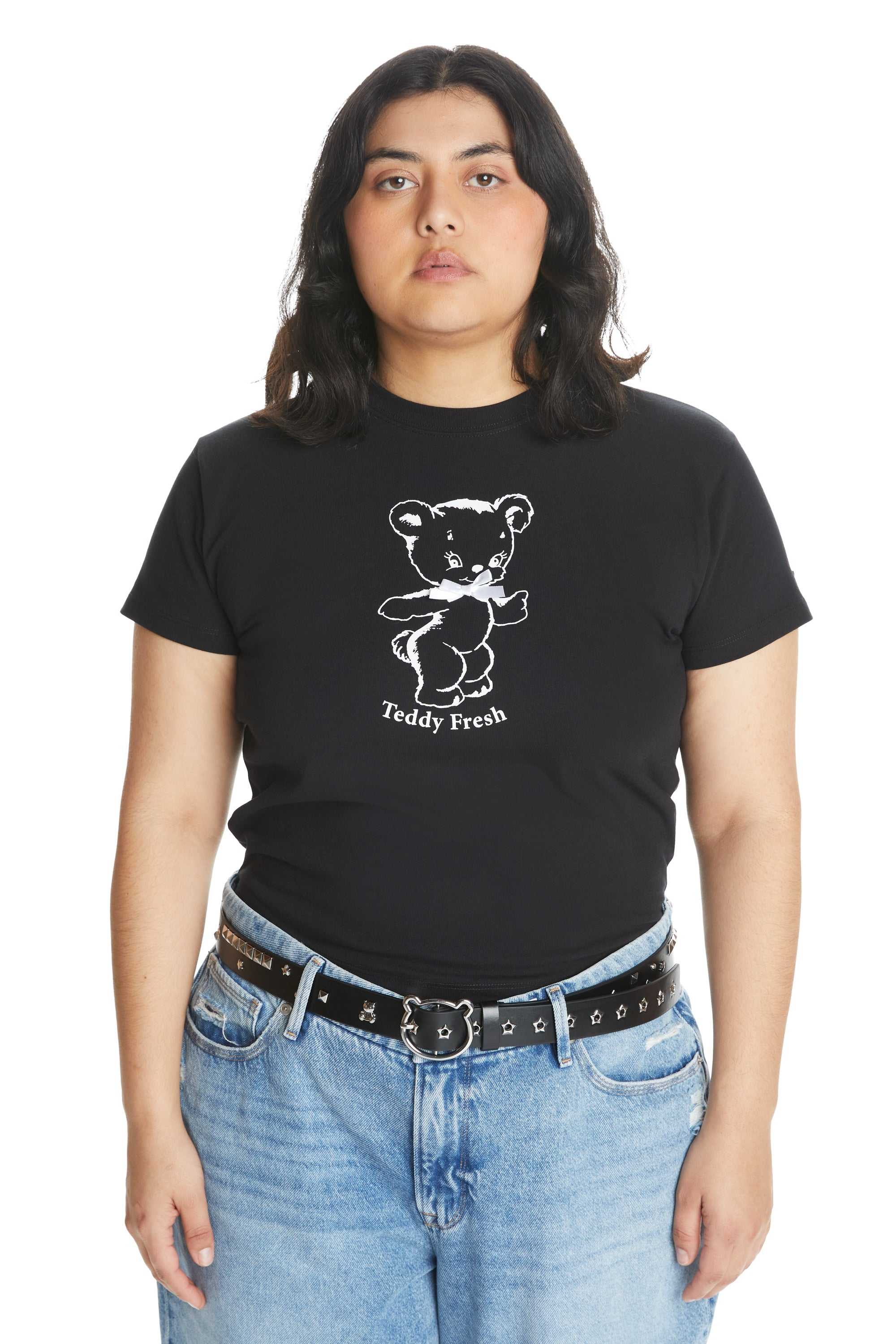 Black Teddy Fresh Bow Bear Baby Tee | 1864DNFQU