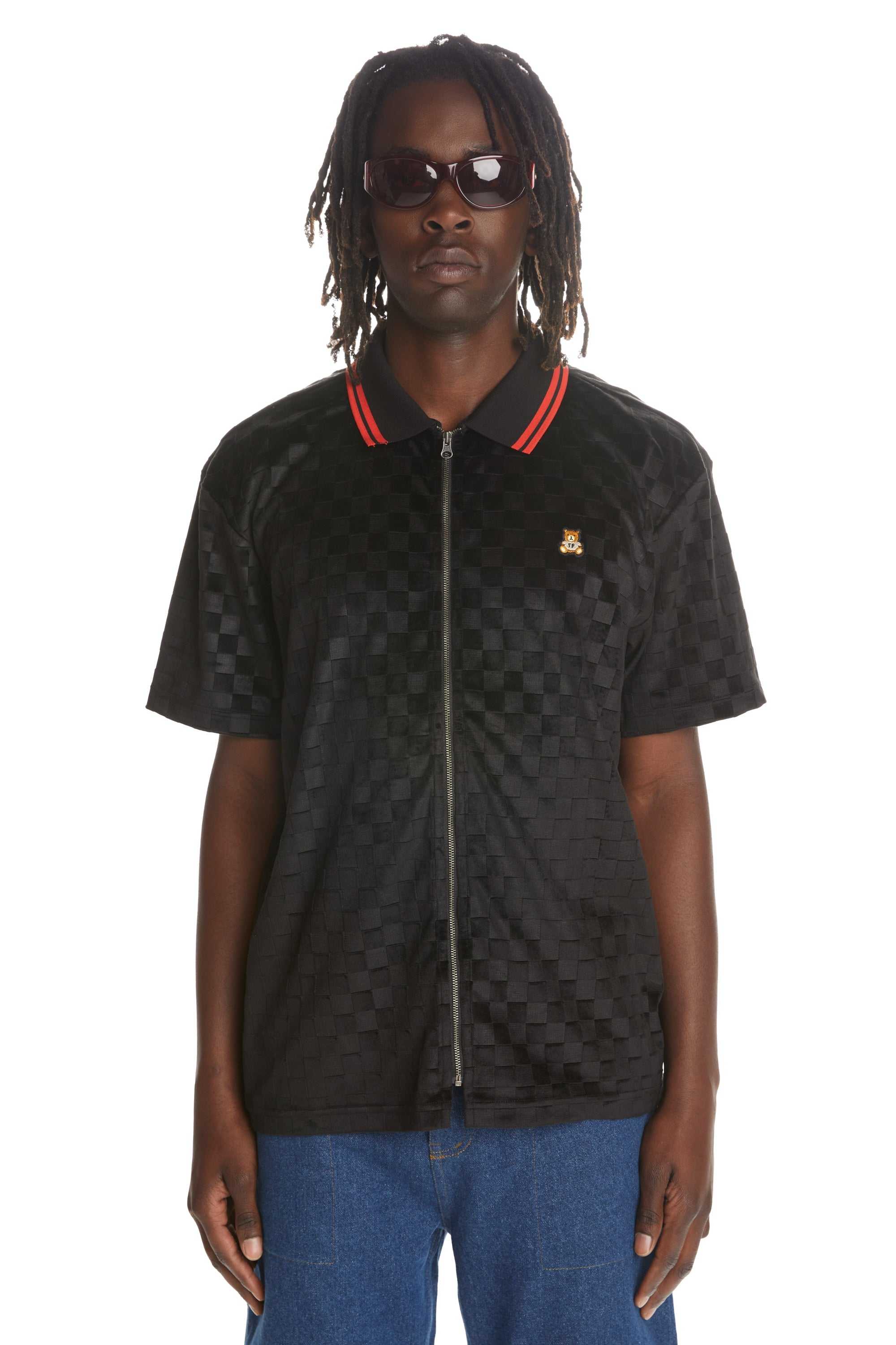 Black Teddy Fresh Embossed Checker Velour Zip Shirt | 2576HVLRZ