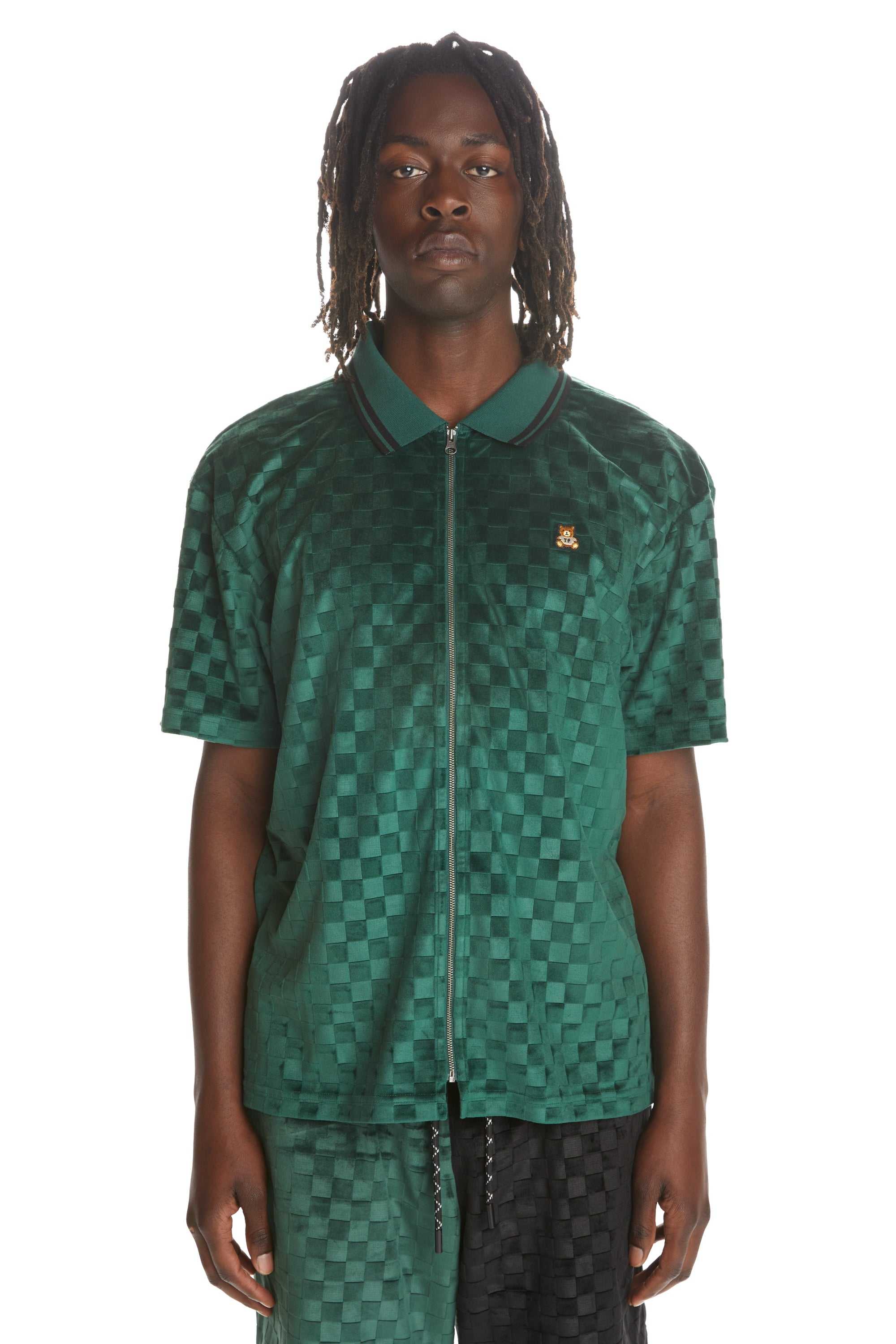 Black Teddy Fresh Embossed Checker Velour Zip Shirt | 2576HVLRZ