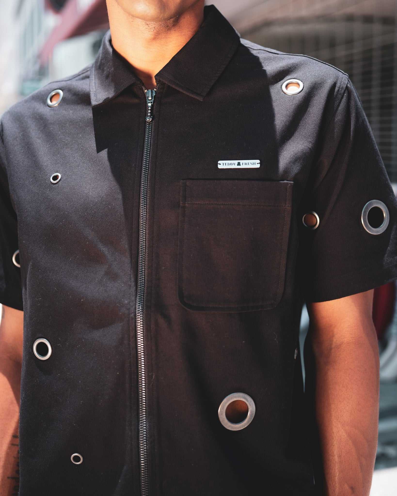 Black Teddy Fresh Eyelet Zip Shirt | 0623KNFVW