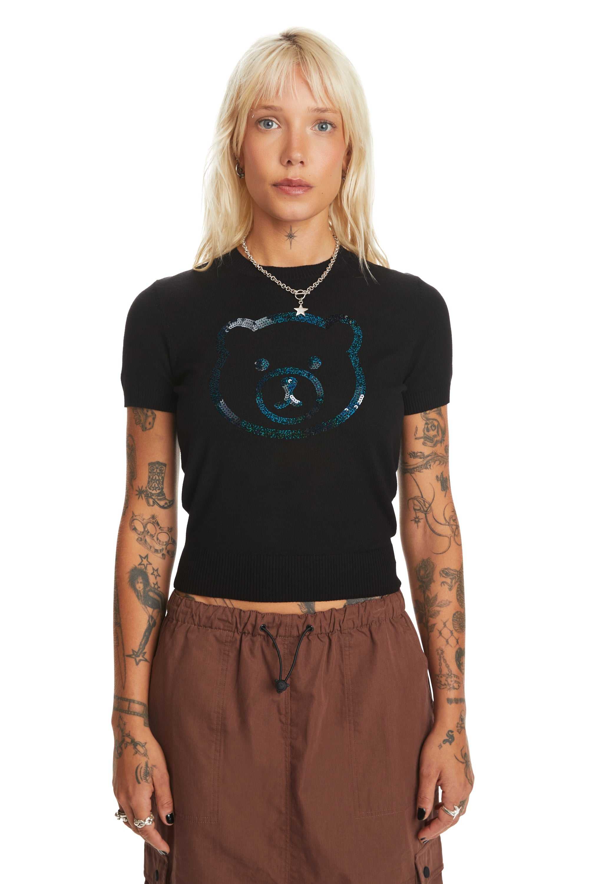 Black Teddy Fresh Sequin Bear Top | 0547HEQKM