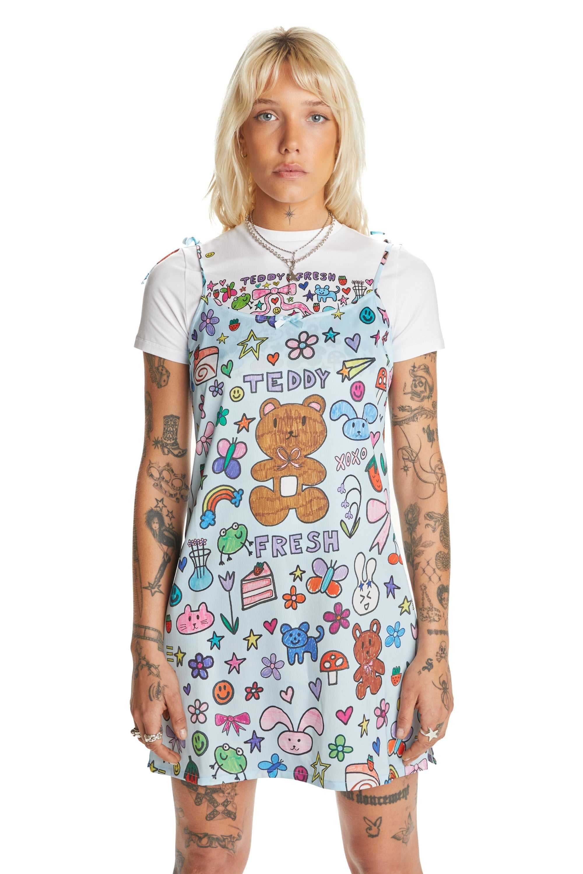 Blue Teddy Fresh TF x Blo_oberry Sketchbook Satin Dress | 9146WOQNX