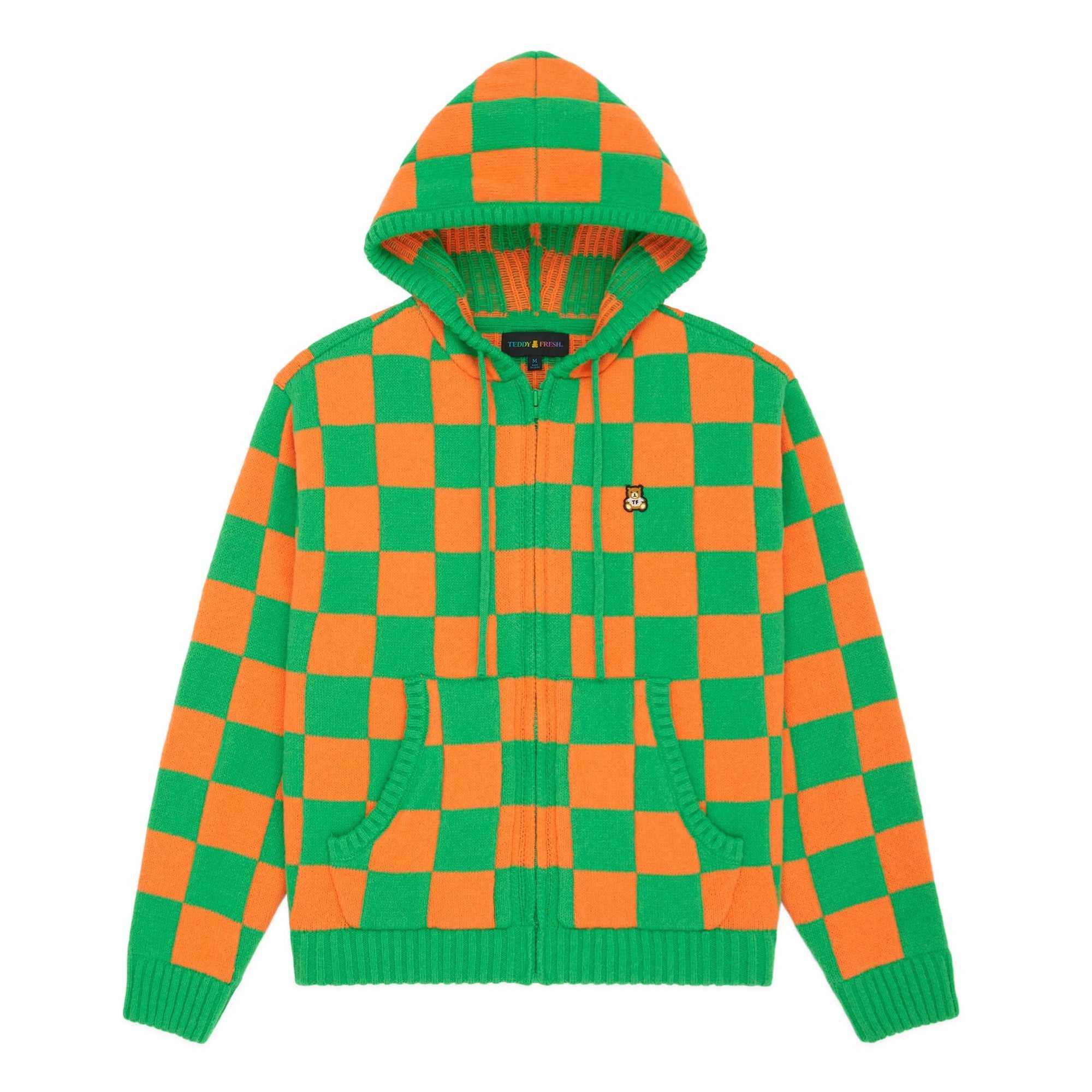 Green/Orange Teddy Fresh Check Knit Zip Hoodie | 2815YJOWF