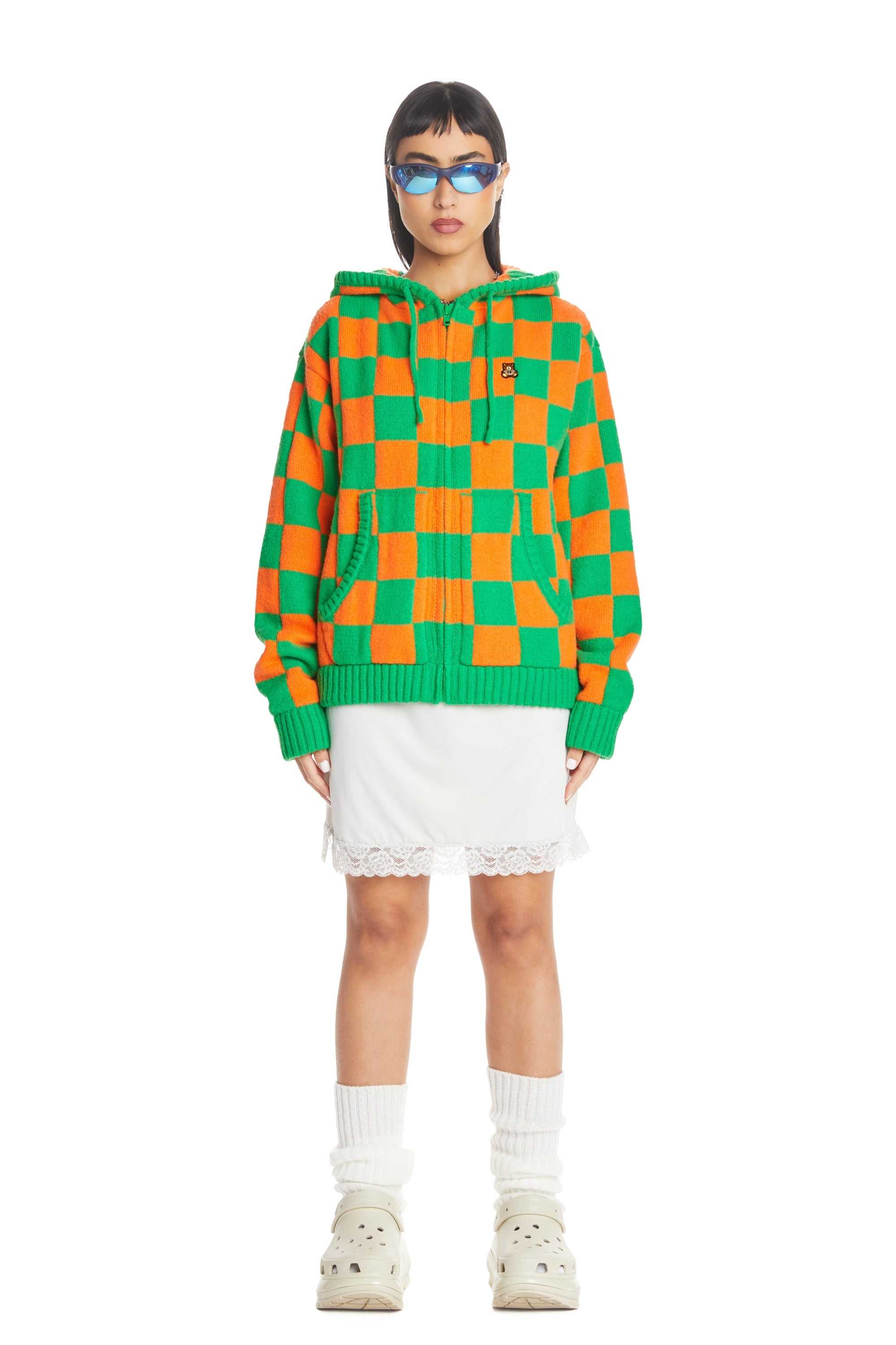 Green/Orange Teddy Fresh Check Knit Zip Hoodie | 2815YJOWF