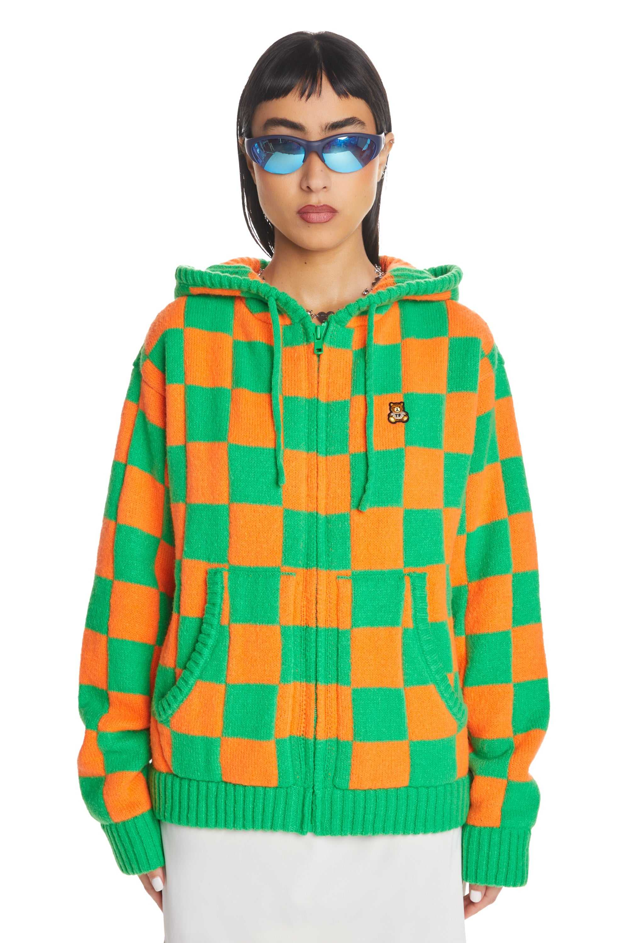 Green/Orange Teddy Fresh Check Knit Zip Hoodie | 2815YJOWF