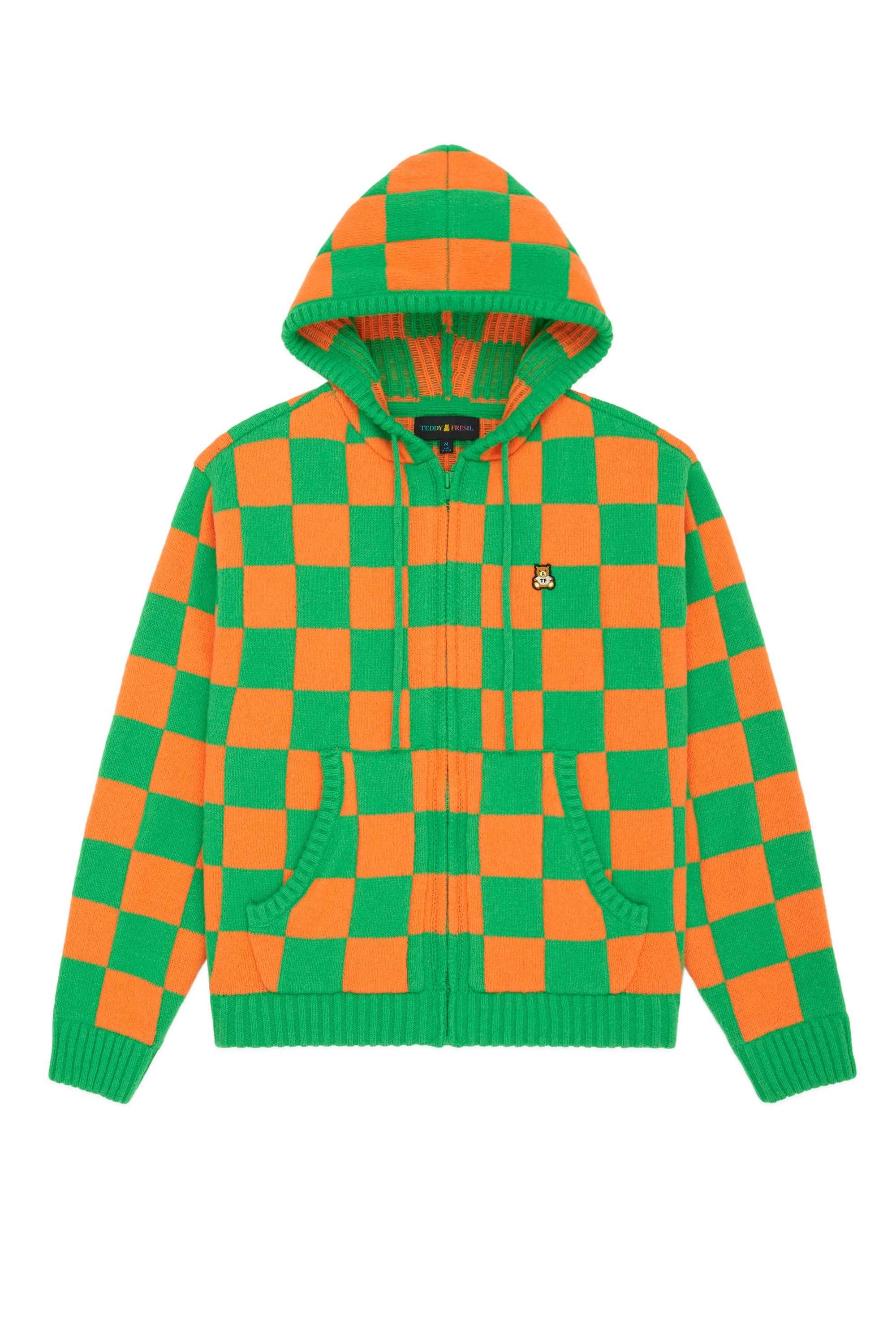 Green/Orange Teddy Fresh Check Knit Zip Hoodie | 2815YJOWF