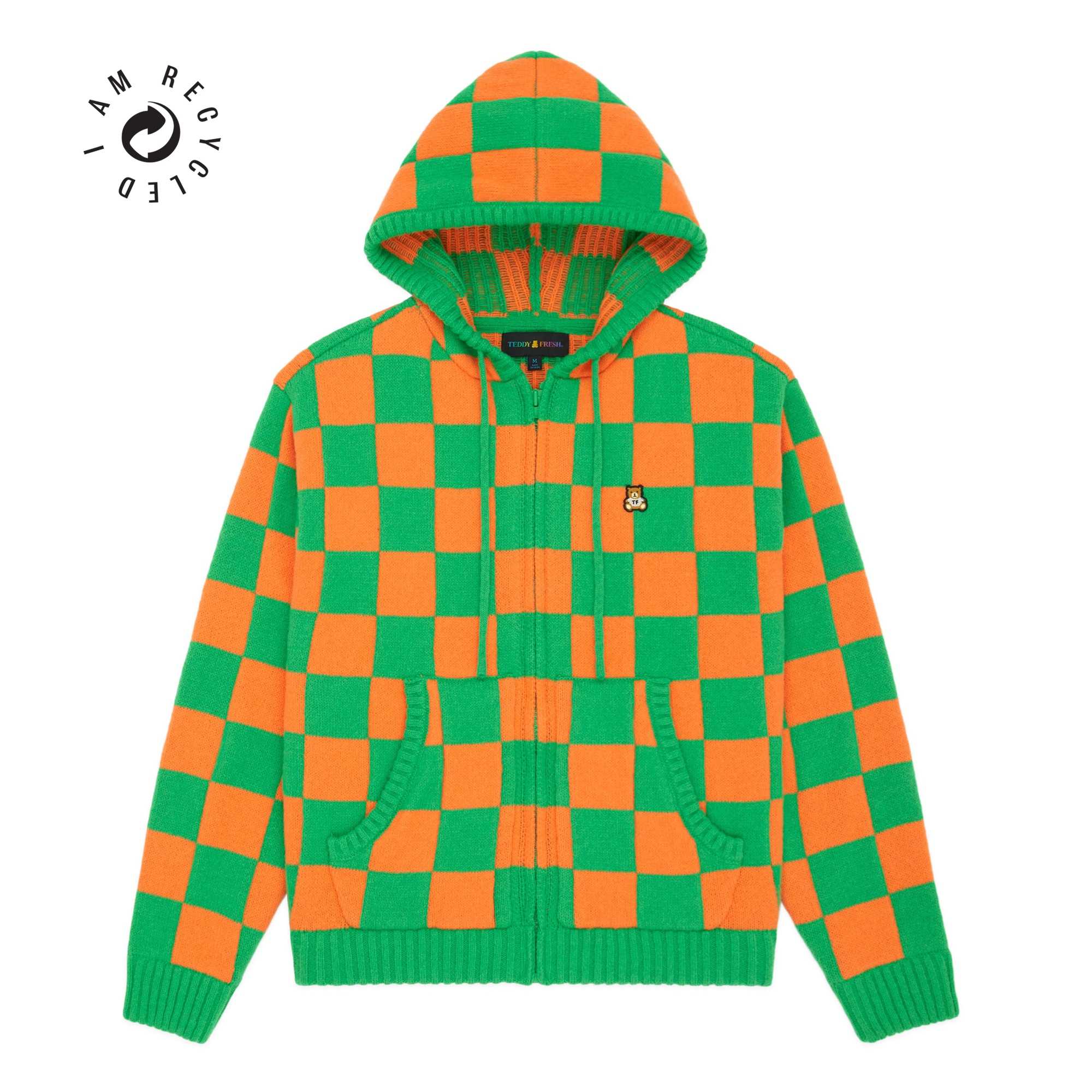 Green/Orange Teddy Fresh Check Knit Zip Hoodie | 2815YJOWF