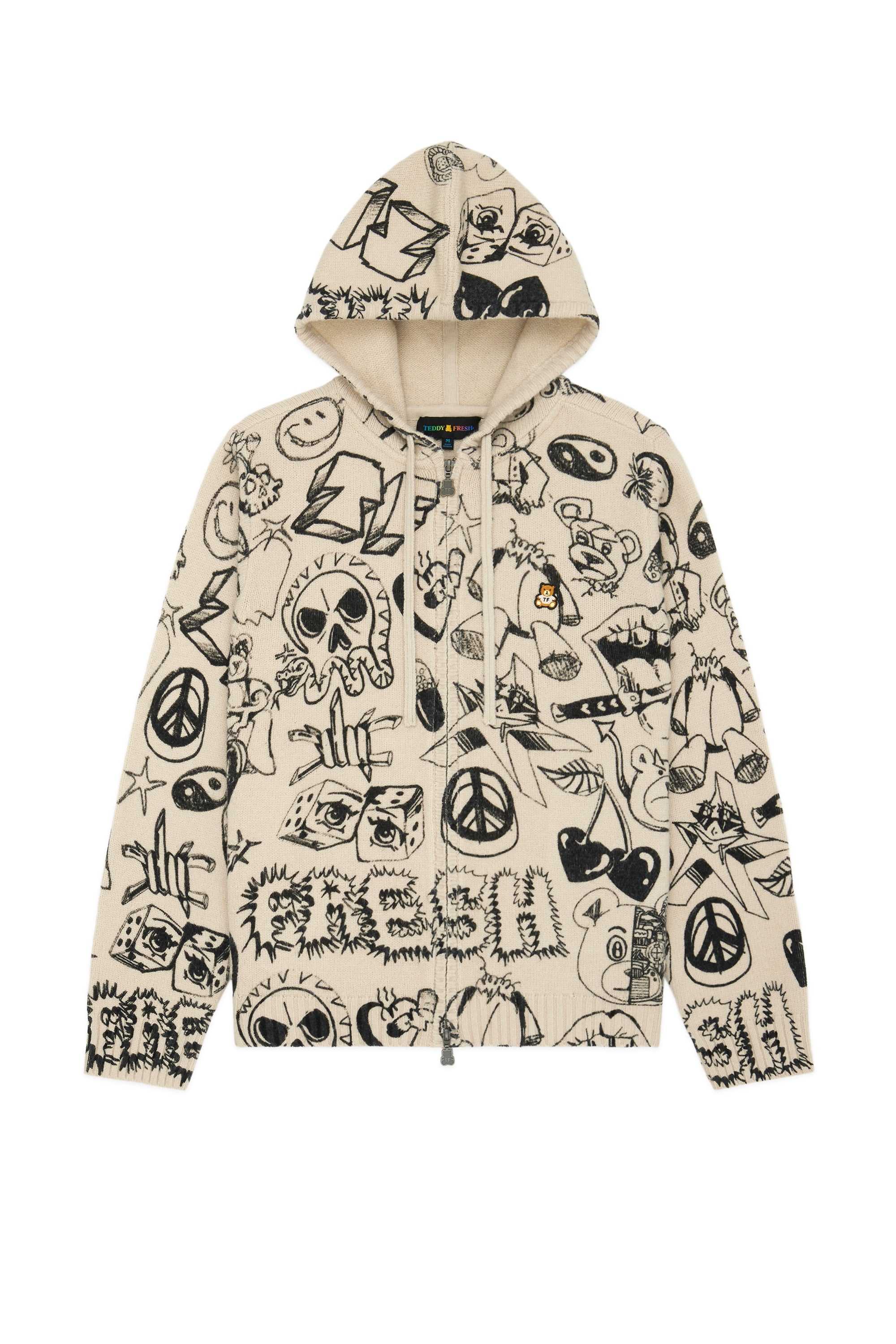 Natural Teddy Fresh Sketches Knit Hoodie | 0598ZVKYO