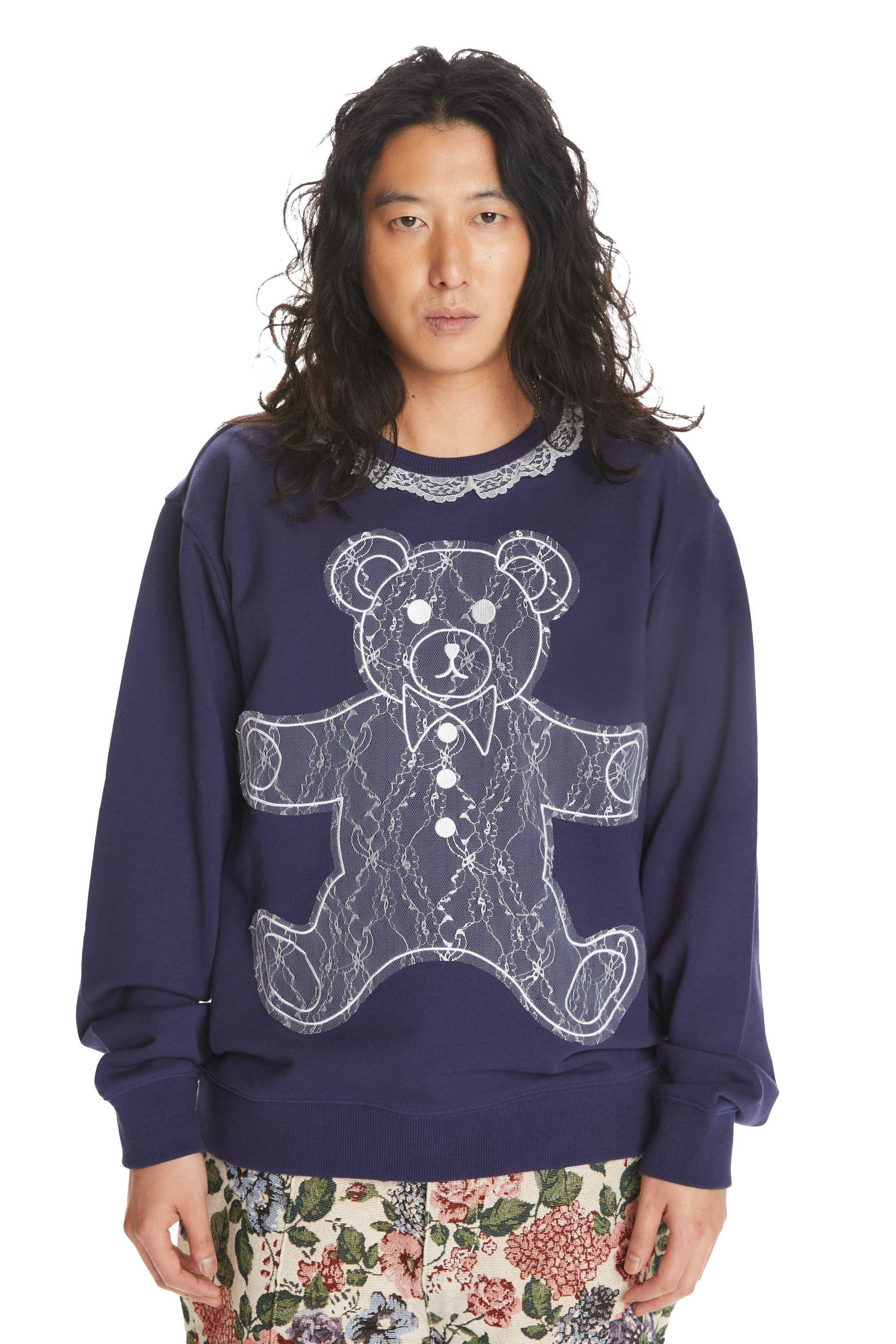 Navy Teddy Fresh Lace Applique Bear Sweatshirt | 0734SANHI