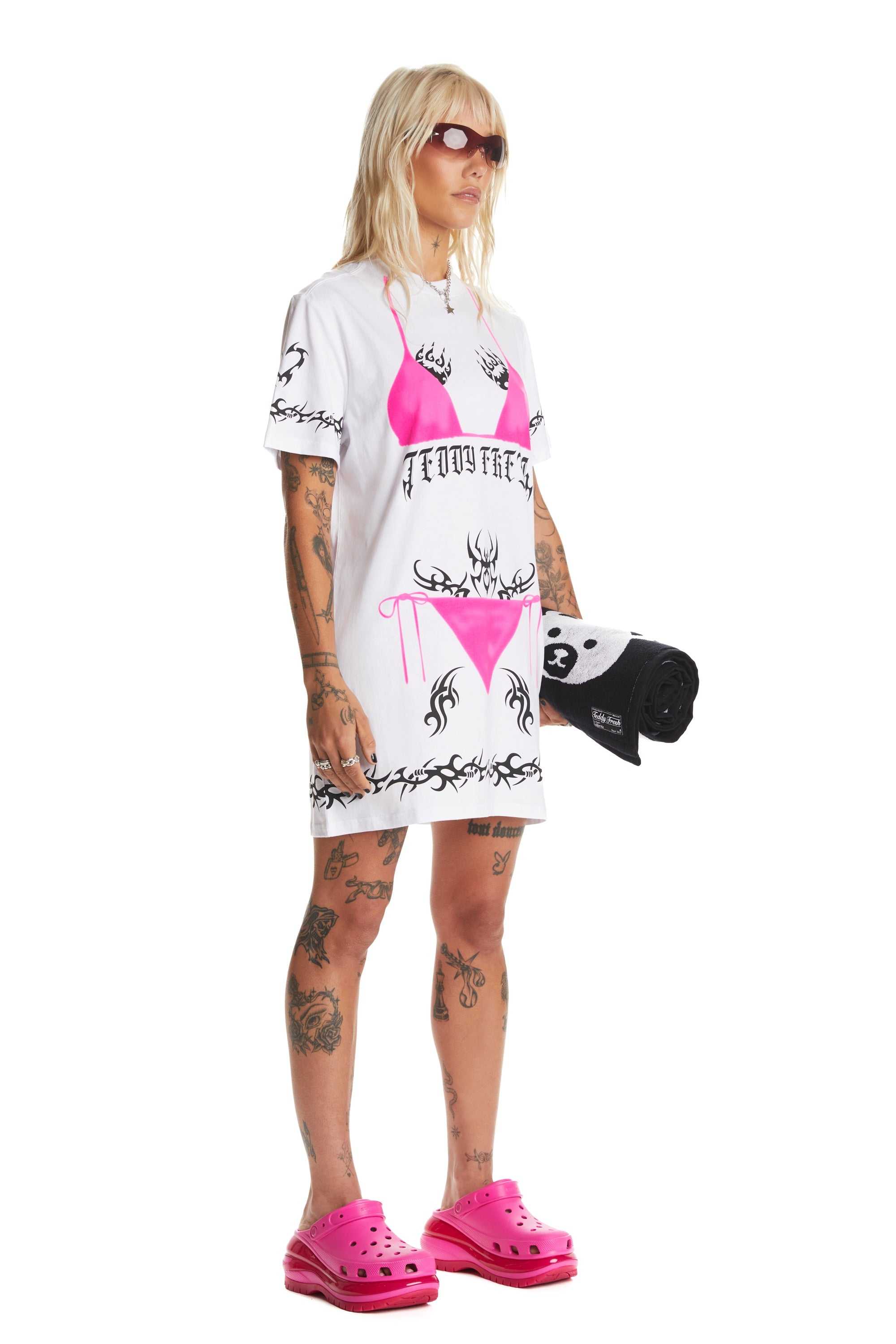 White Teddy Fresh Tattoo T-Shirt Dress | 0685IMXDQ